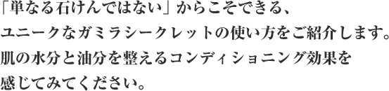 「単なる石けんではない。」からこそできる、ユニークなガミラシークレットの使い方をご紹介します。肌の水分と油分を整えるコンディショニング効果を感じてみてください。